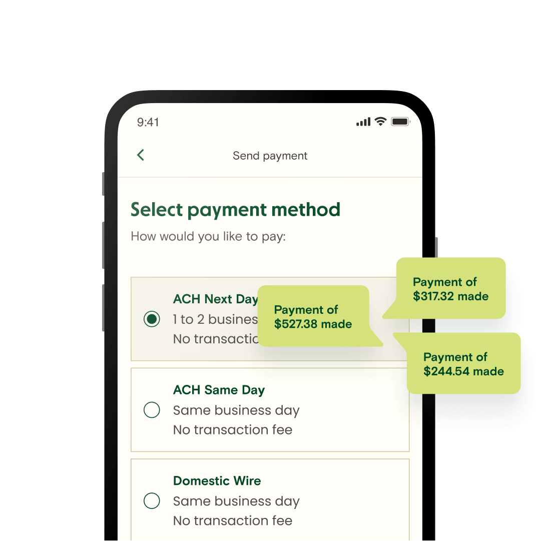 Relay mobile app showing payment options of A.C.H. or Domestic Wire.