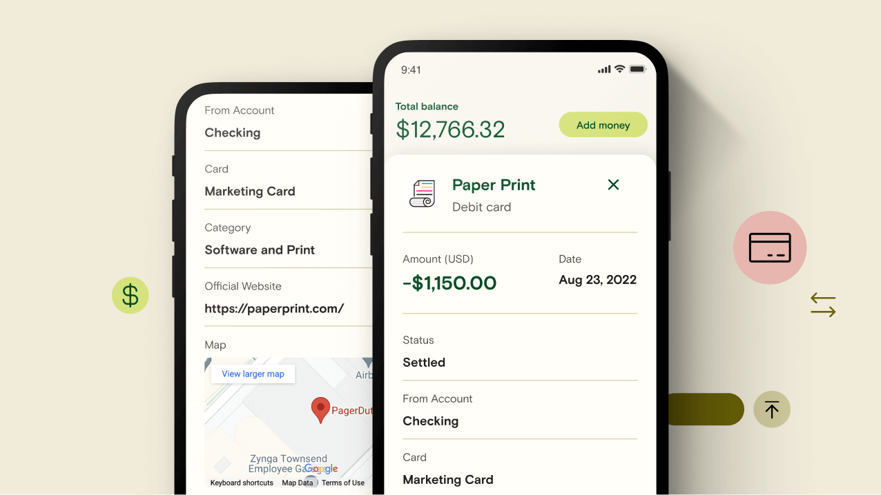 Printing expense transacation data with category, card, status, and address