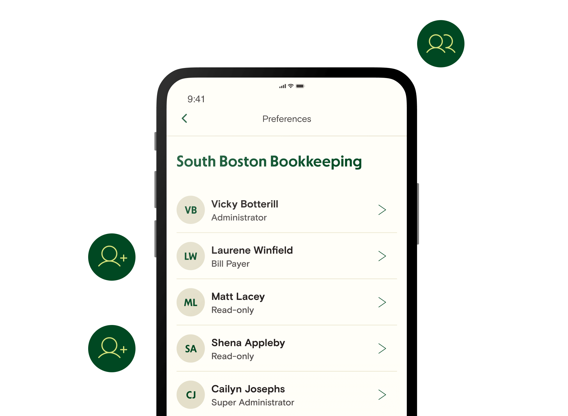 Multiple users on one account with varying permissions, including Administrator, Bill Payer, Read-only, and Super Administrator.