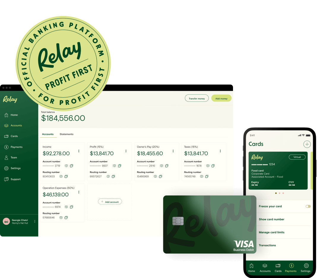 Collage of Relay on browser, phone, and a Relay Visa debit card