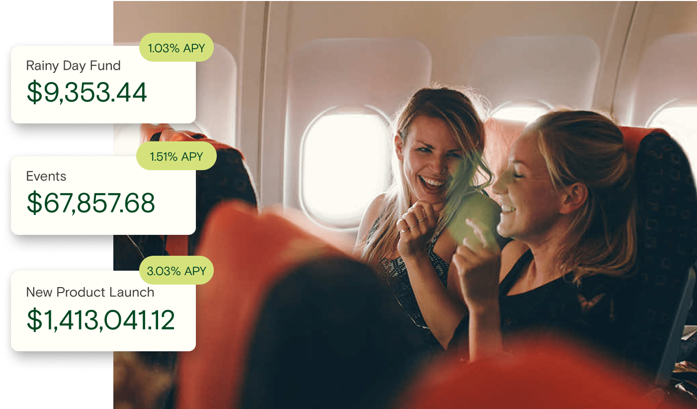 two people on an airplane with savings accounts with APY varying from 1.75% to 3.03%