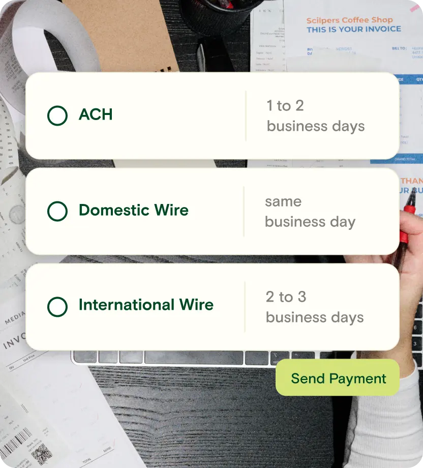 Image of woman on a laptop with payment options graphic on top