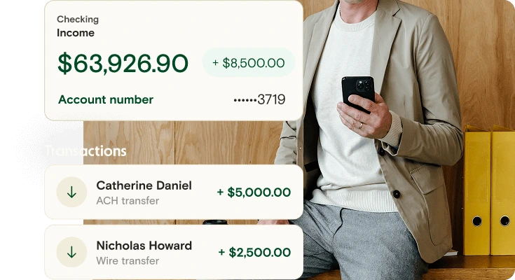 Man looking at his phone with a graphic of his finances on the left